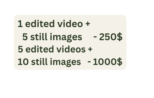1 edited video 5 still images 250 5 edited videos 10 still images 1000